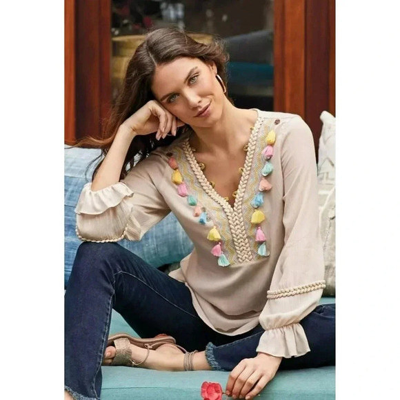 SOFT SURROUNDINGS Tunic L Clementine Tasseled Embroidered Beige Boho V-neck Top - Picture 1 of 12